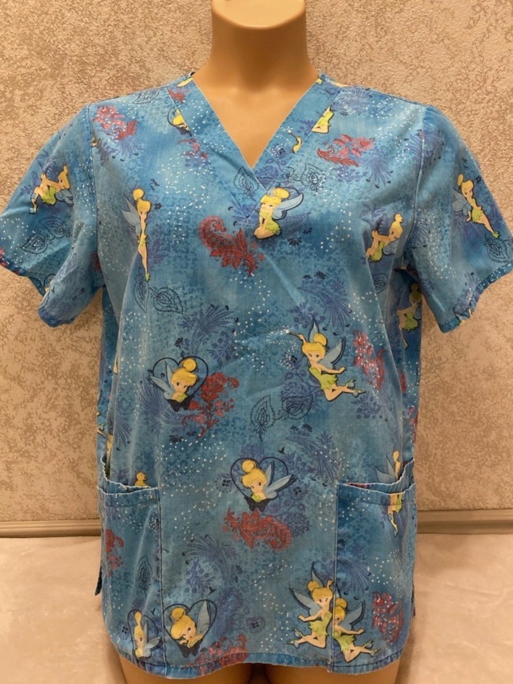 Disney Tinker Bell Blue Printed Scrub Top